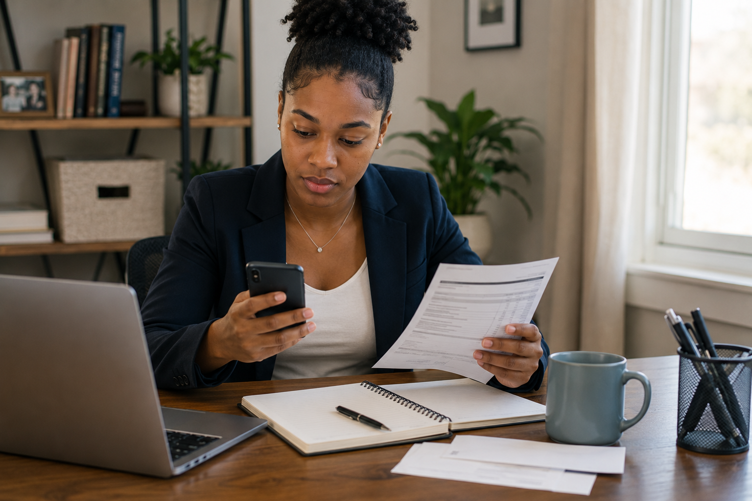 Young Black professional with a starter credit card in a teaching comparison designed to show a high reported balance versus a much lower reported balance on the same credit limit.