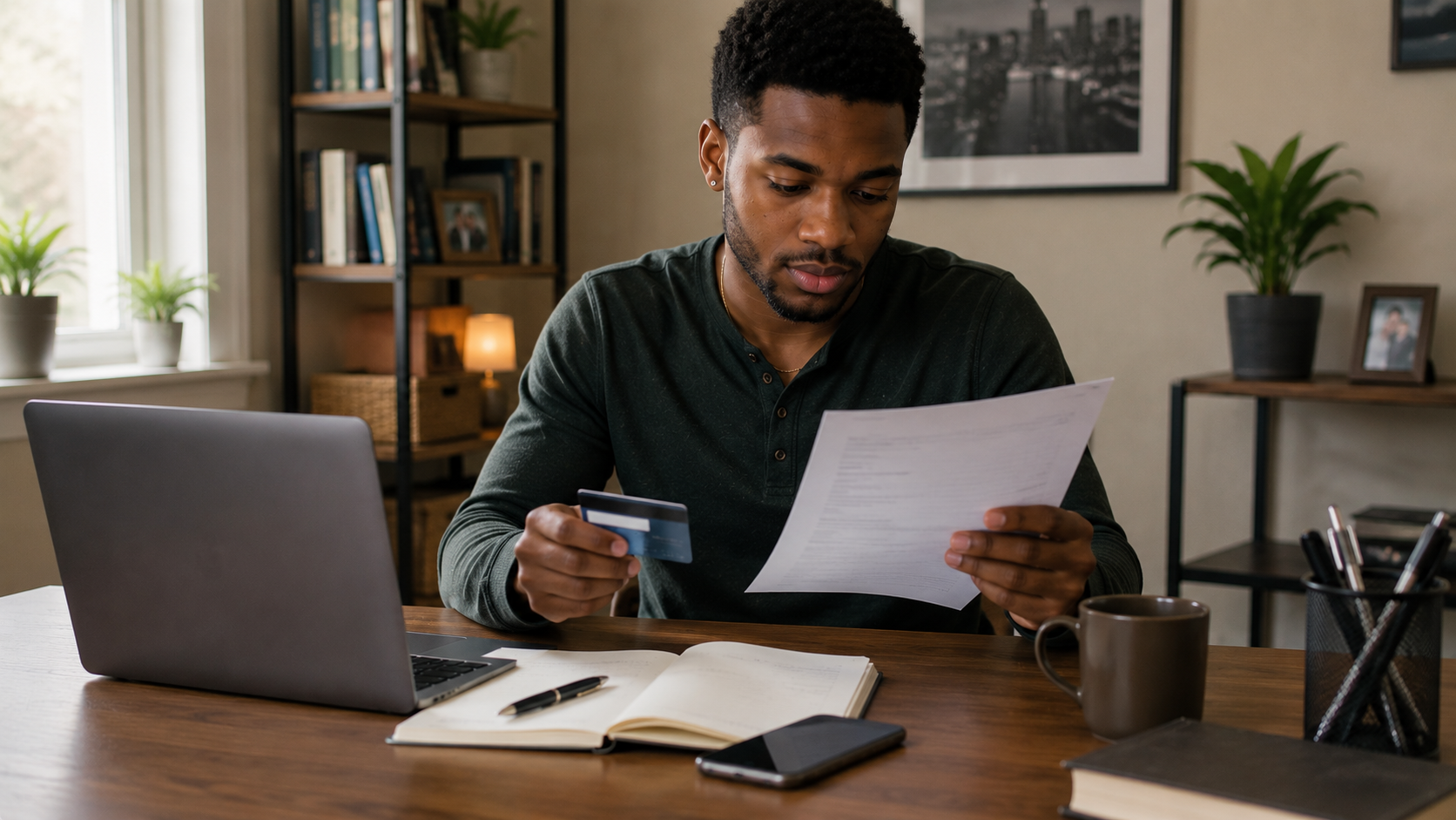 Young Black professional setting credit-card autopay on a phone while reviewing the account at a desk.
