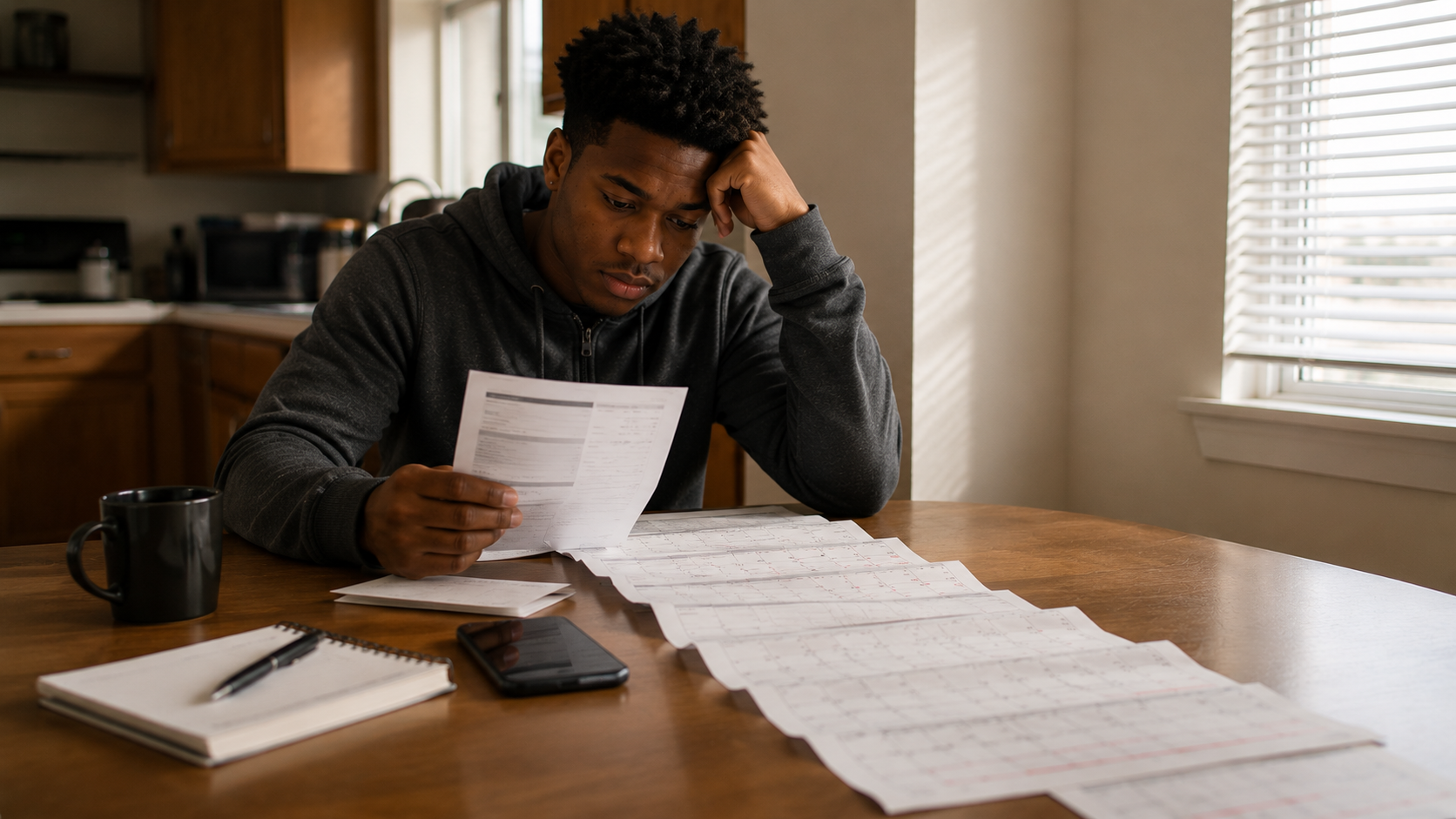 Young Black male professional reviewing a one-thousand-dollar laptop purchase beside a credit-card statement to understand the purchase price plus interest.