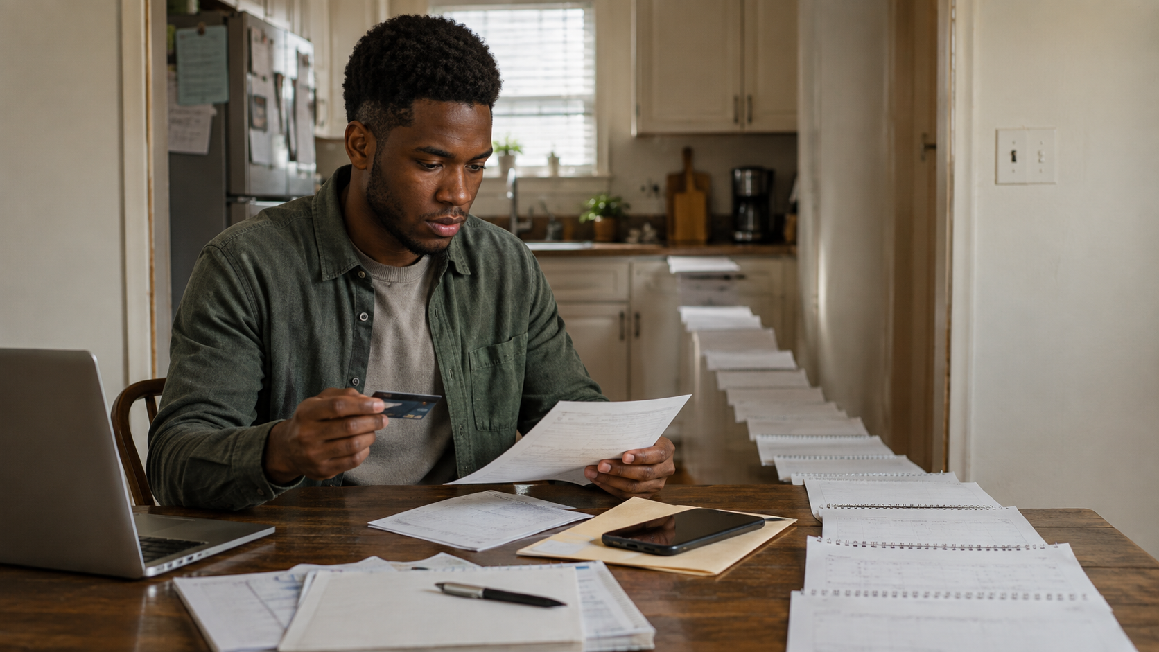 Black 20-year-old at a kitchen table with a three-thousand-dollar credit card balance and a small minimum payment while a long future calendar suggests the time cost.