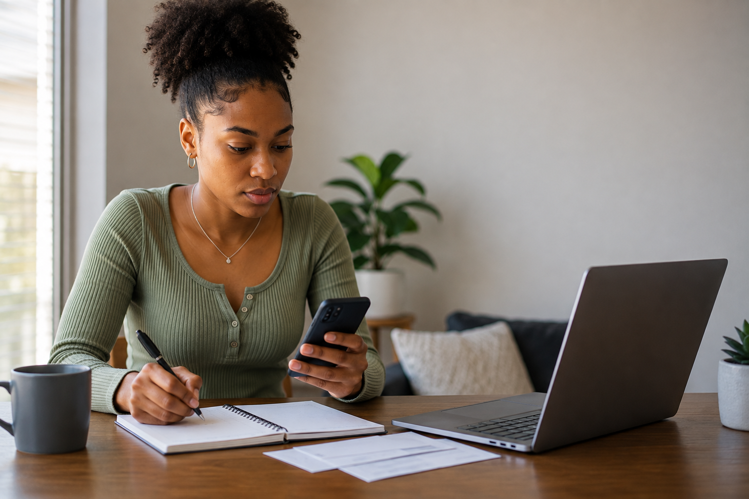 Young Black woman paying a credit card bill in a teaching composition separating the payment into interest and principal.