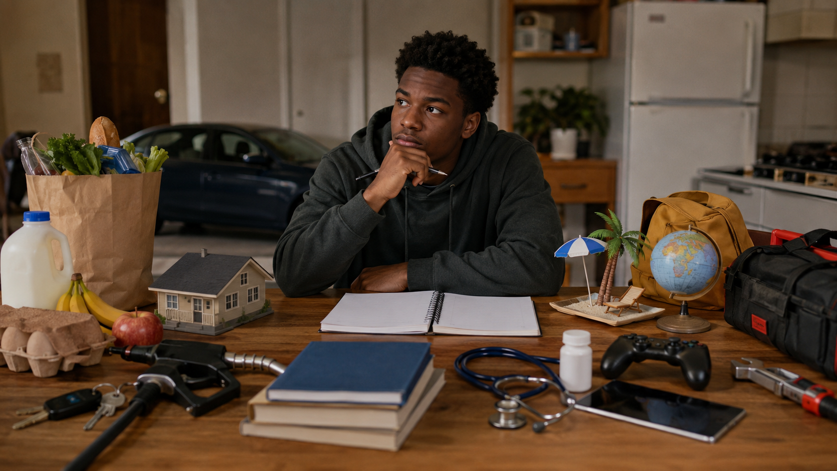 Black teen or young adult surrounded by everyday financial decisions including groceries, gas, rent, tuition, a medical bill, vacation spending, streaming, emergency repair and a cash advance.