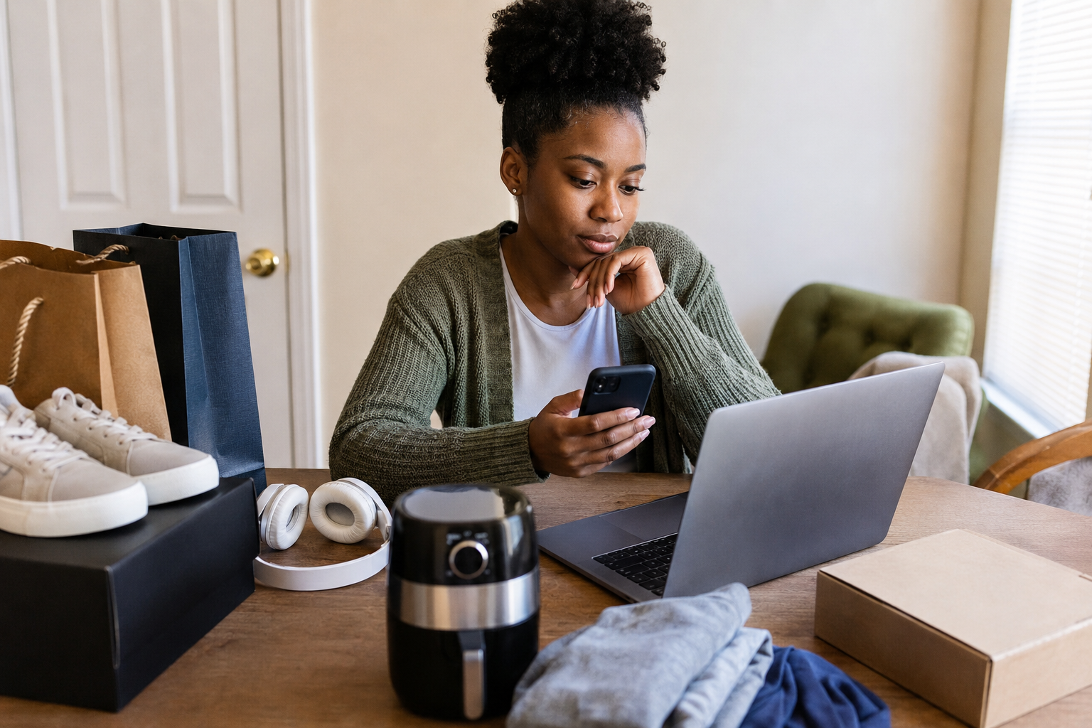 Young Black professional surrounded by tempting everyday purchases that could make an available credit limit feel like additional income.