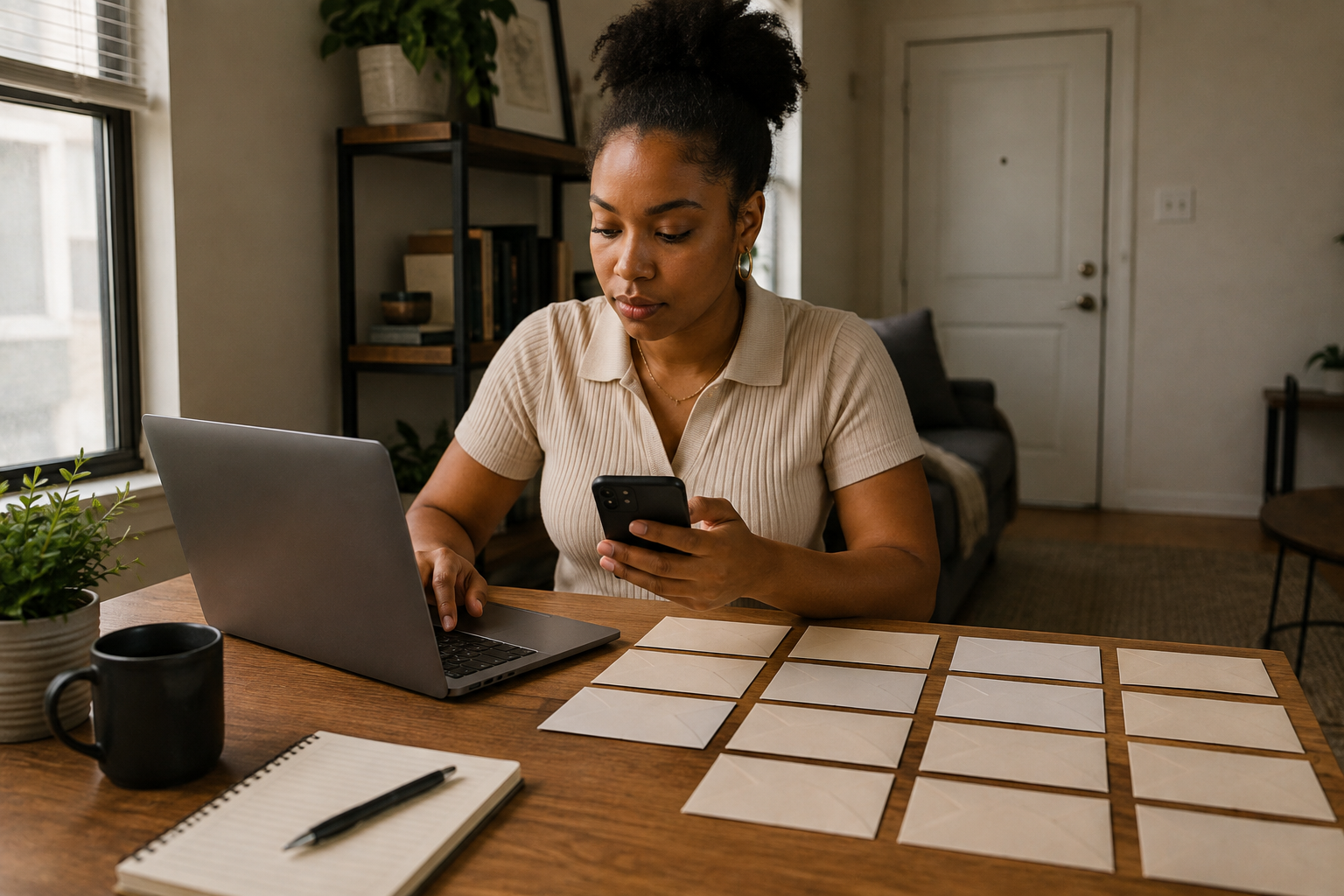 Young Black professional paying rent electronically with an orderly monthly payment-history timeline.