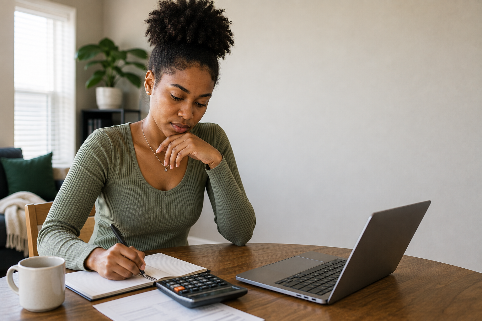 Young Black woman calculating the cost of paying fifteen-hundred-dollar monthly rent with a three-percent card fee.