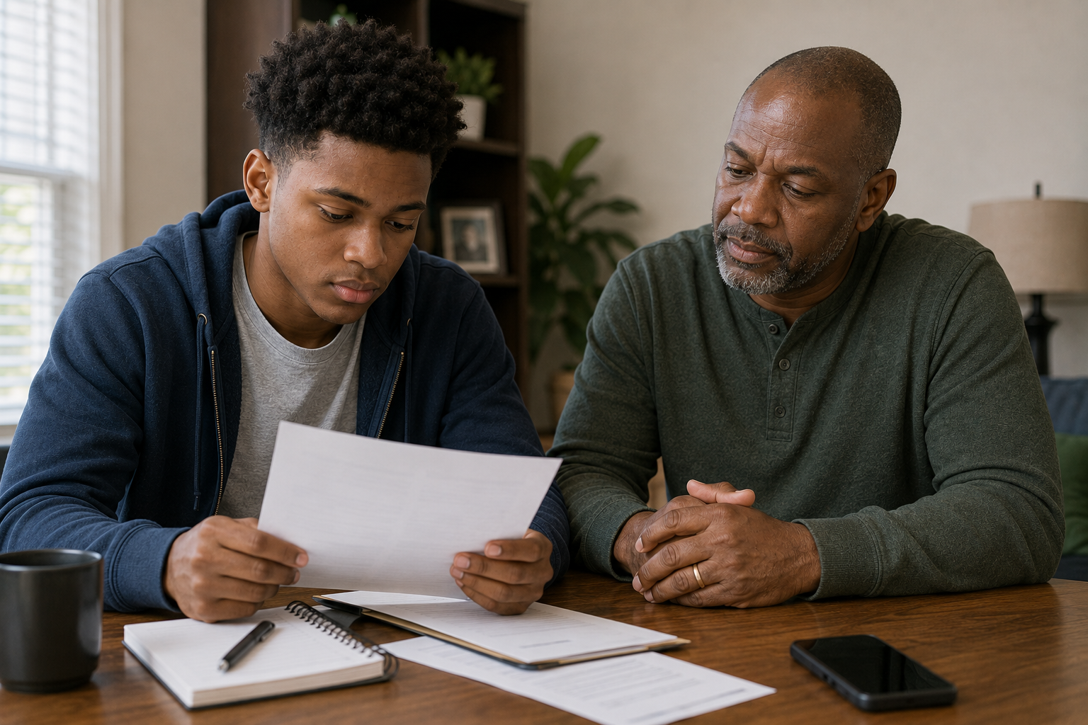 Young Black professional calmly discovering an unfamiliar account while reviewing a credit report.