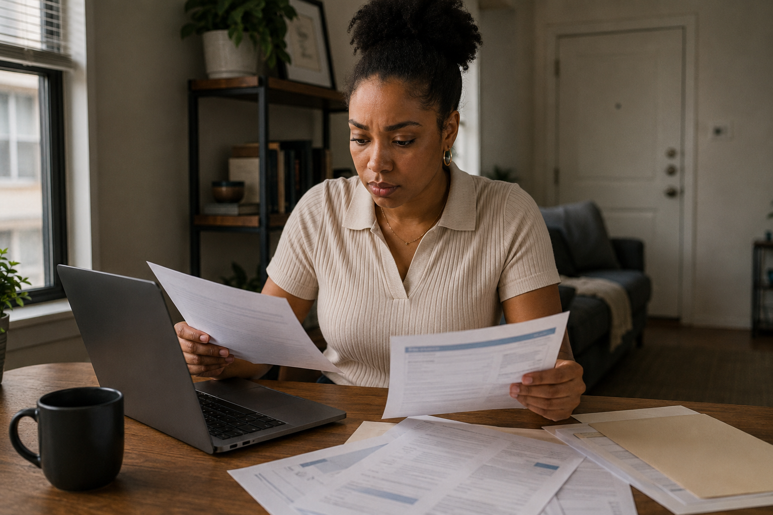 Young Black adult organizing documents, contacting creditors or credit bureaus, and working through an identity-theft recovery checklist.