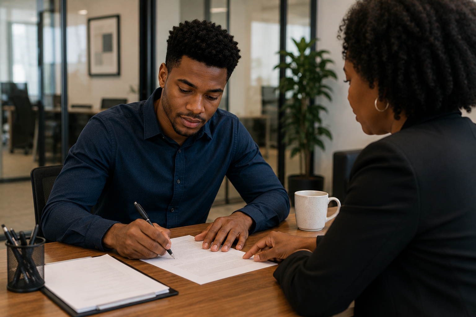 Young Black professional in an HR setting reviewing permission paperwork for an employment background report.