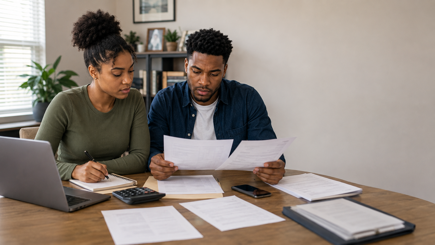 Young Black professionals organizing financial documents in advance of a major application.