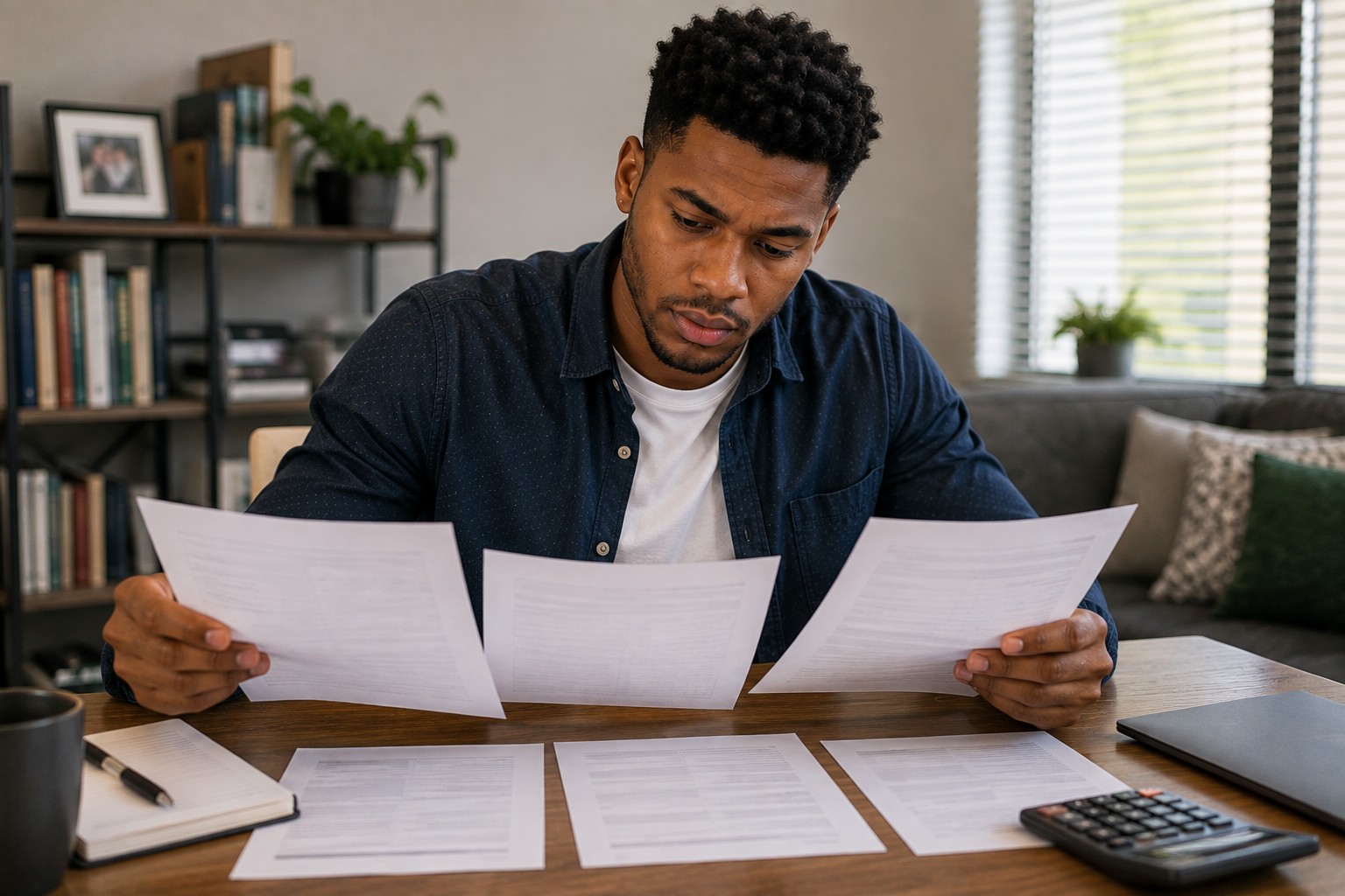 Young Black professional comparing multiple loan offers side by side.