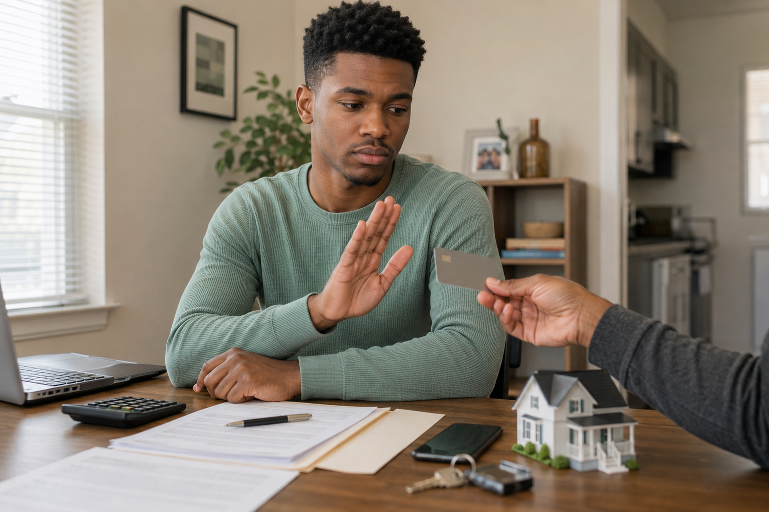 Black homebuyer declining a new credit offer while mortgage documents are nearby.
