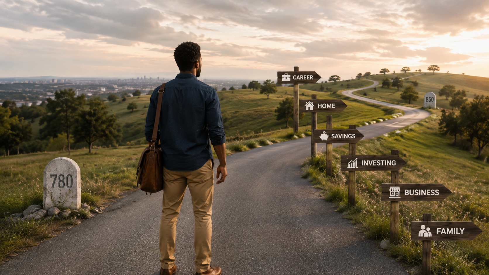 Young Black professional moving beyond a 780 credit milestone toward career, home, savings, investing, business and family goals, with 850 distant and secondary.