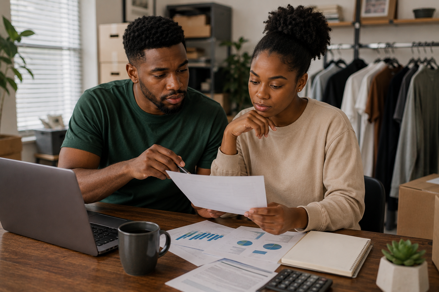 Young Black professionals reviewing retirement and investment information in an ordinary home or small creative-business setting while planning long-term ownership.