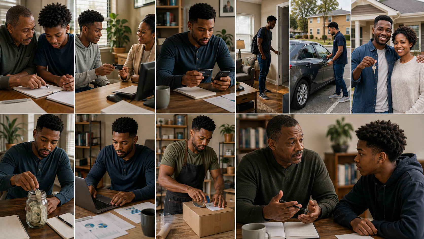 Continuous Black financial life journey from teenager learning with an older adult through first account, work, apartment, practical car, home, saving, investing and business, ending with the student teaching the next teenager.