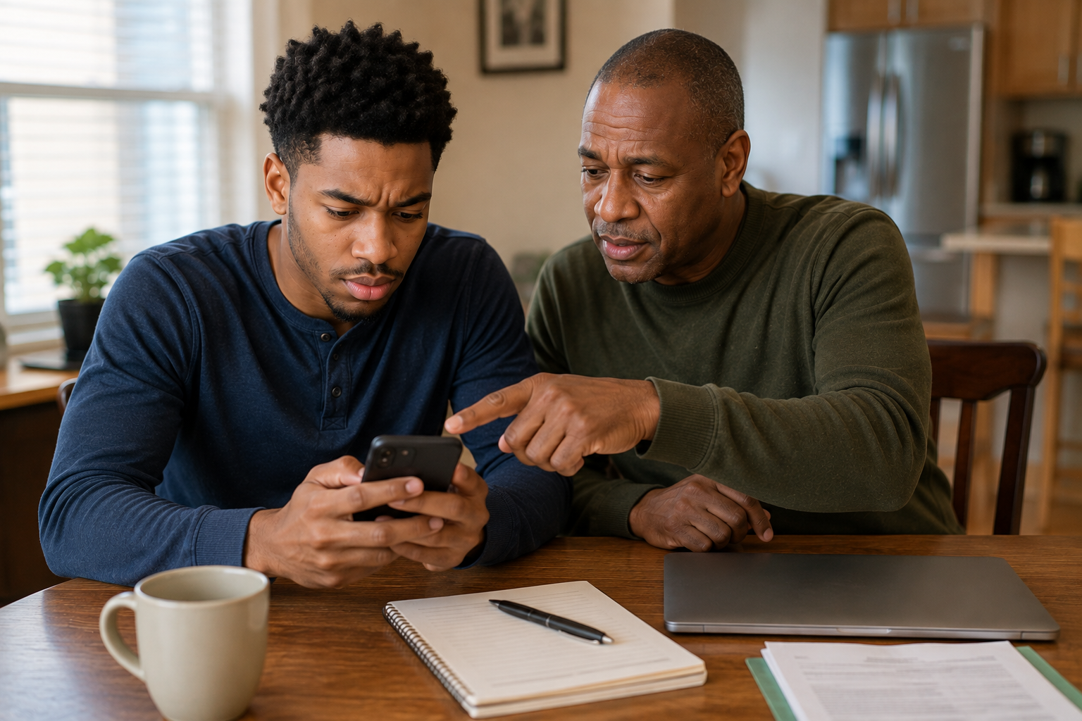 Young Black adult reviewing a credit offer on a phone with healthy skepticism while an older Black mentor points out details.